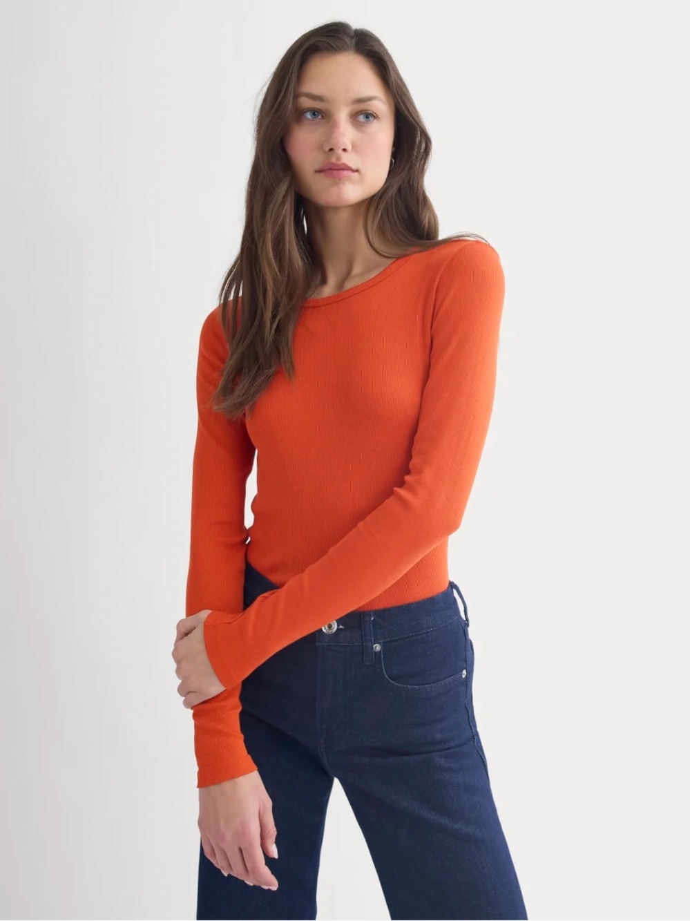 Michael Stars Supima Cotton Long Sleeve Tee | Orange Fitted Layering Top